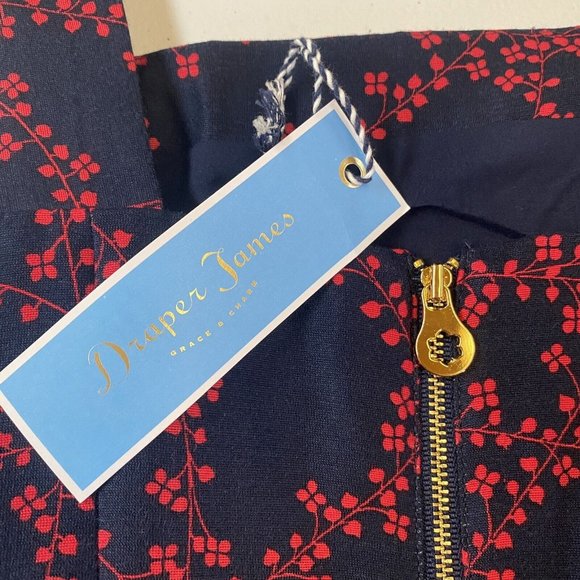 Draper James Clover Vines Dress Nassau Navy Blue Red Sz 6 Back Zip Side Pockets - Picture 7 of 8